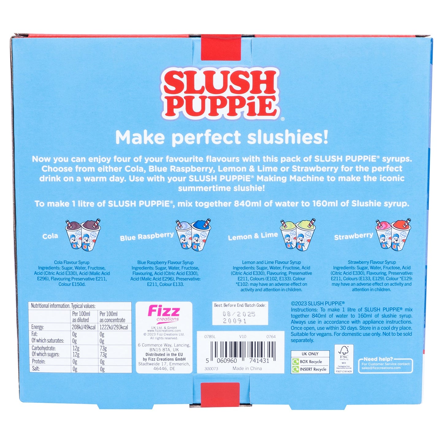 Slush Puppie - 4 Pack Syrup (Blue Raspberry, Strawberry, Cola, Lemon and Lime (4x180ml))