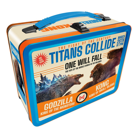 A colorful metal lunch box featuring the 'Godzilla vs Kong' movie artwork with the characters Godzilla and Kong.